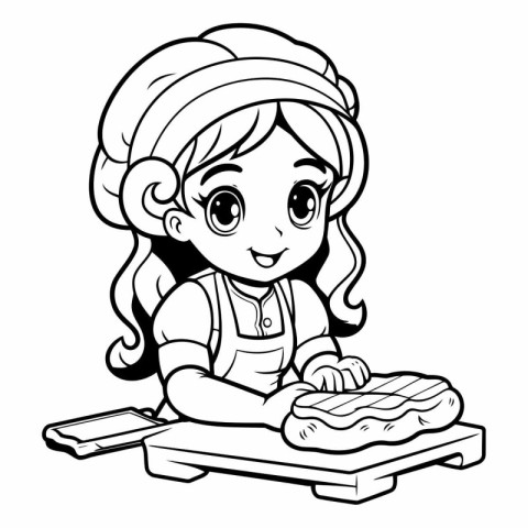 Black and White Cartoon Illustration of Cute Little Girl Chef Ch