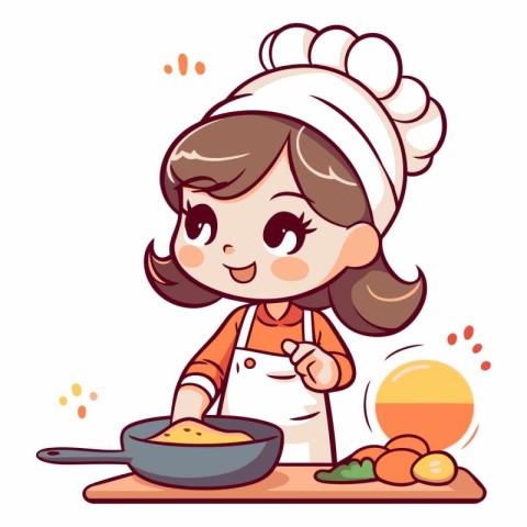 Cute little chef girl cooking in the kitchen.