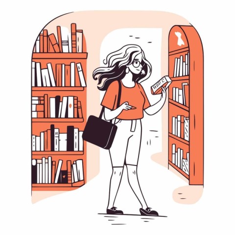 Vector illustration of a young woman in library. Girl in glasses