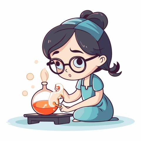 Little girl in glasses and apron making chemical experiments.