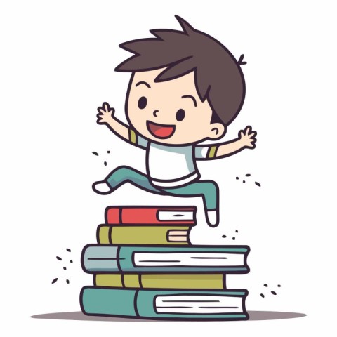 Little boy jumping from pile of books. Vector cartoon character