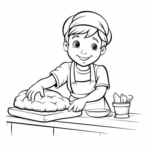 Boy baking bread on the table. Black and white vector illustrati