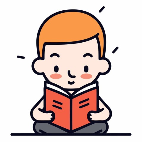 Cute little boy reading a book. Flat design vector illustration.