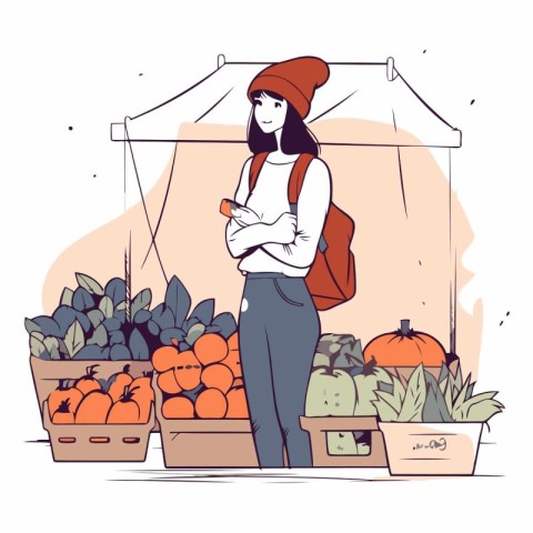 Fruit and vegetable market with a young woman.