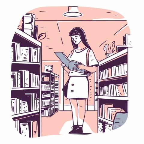 Vector illustration of a woman standing in a library and reading