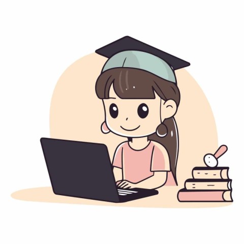 Graduation girl with laptop and books. Cute vector illustration.