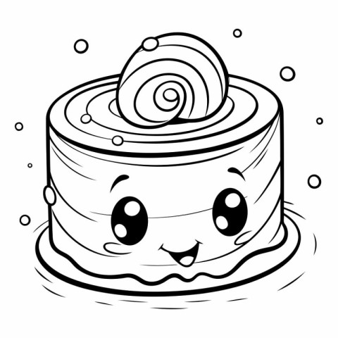 Black and White Cartoon Illustration of Cute Cake Mascot Charact