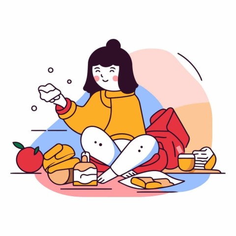 Vector illustration of a happy woman sitting on the floor and ea