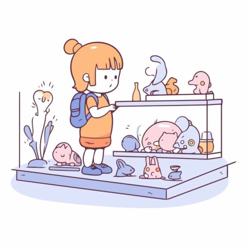 Cute little girl playing in aquarium with animals and plants