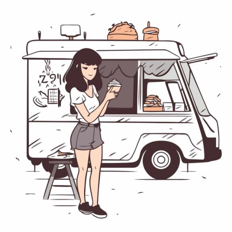 Woman eating ice cream in front of food truck.