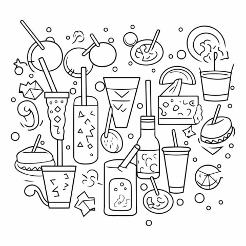 Vector line art illustration of summer drinks. Coloring book for