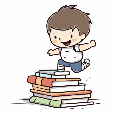 Boy running on stack of books. Isolated on white background.