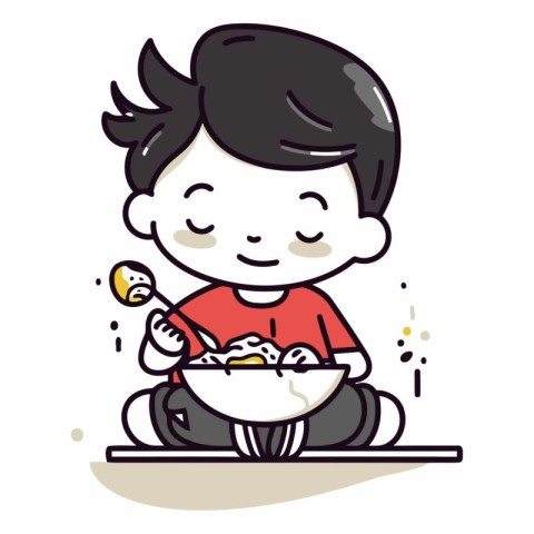 Illustration of a Little Boy Eating Noodles in a Bowl