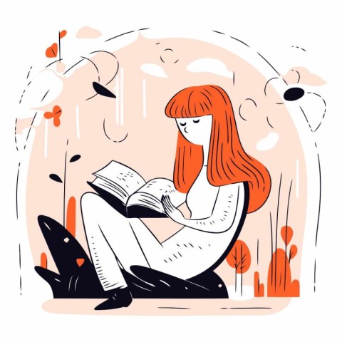 Girl reading a book in the park. Flat style vector illustration.