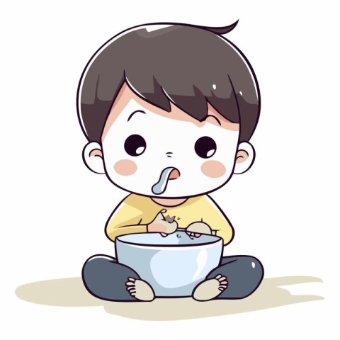 Boy eating food from a bowl of a boy eating food.