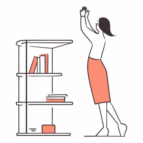 Vector illustration of a woman standing near bookshelf with book