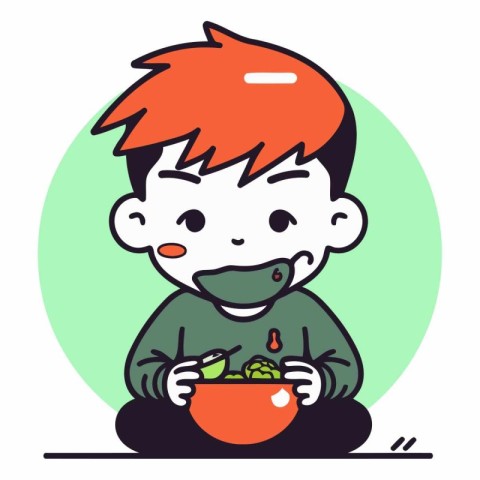 Boy eating vegetable in bowl. Flat style design.