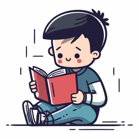 Cute boy reading a book in cartoon style.