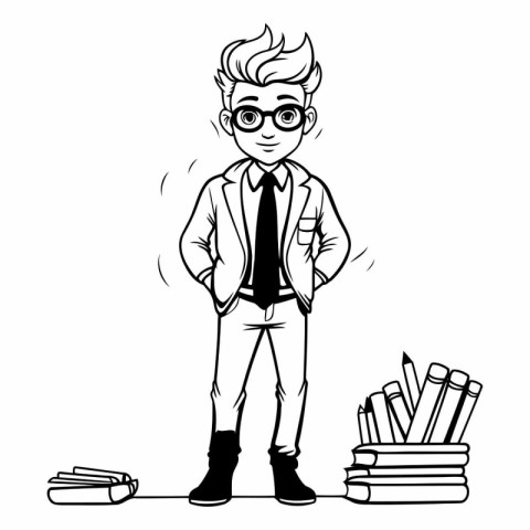 Cartoon school boy with books. Black and white vector illustrati