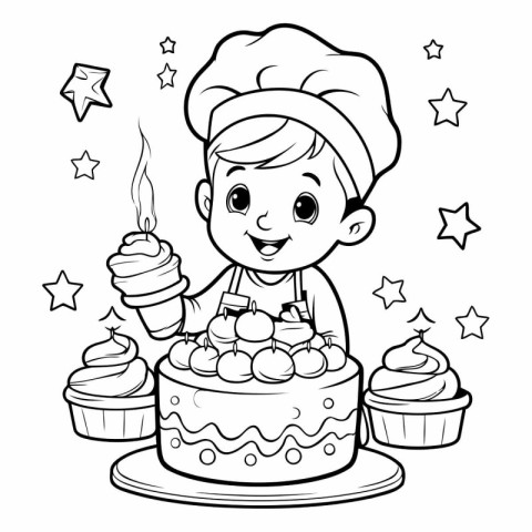 Black and White Cartoon Illustration of Cute Little Boy with Cak