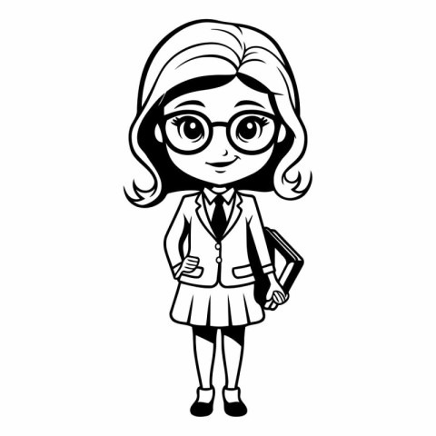 Black and White Cartoon Illustration of Cute Little School Girl