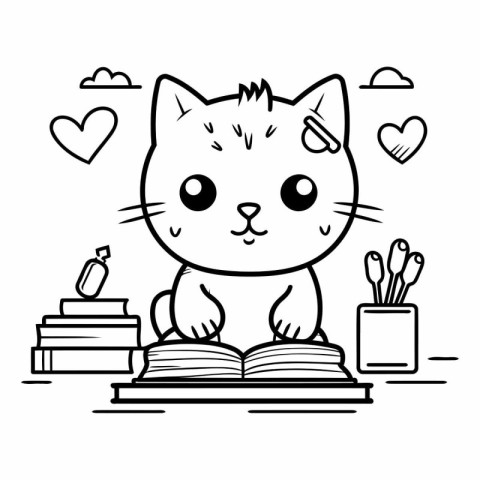 Cute cat reading a book. Black and white vector illustration.