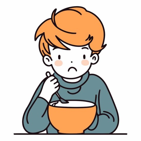 Illustration of a boy who eats soup of a boy eating soup.