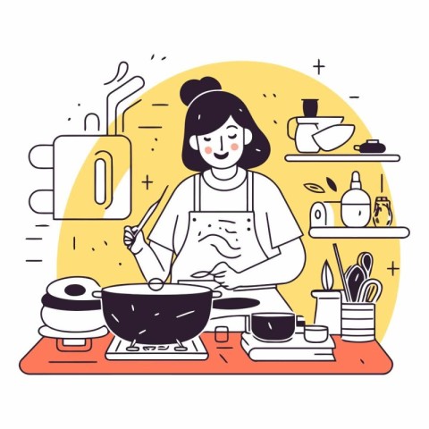 Vector illustration of a woman cooking soup in the kitchen at ho