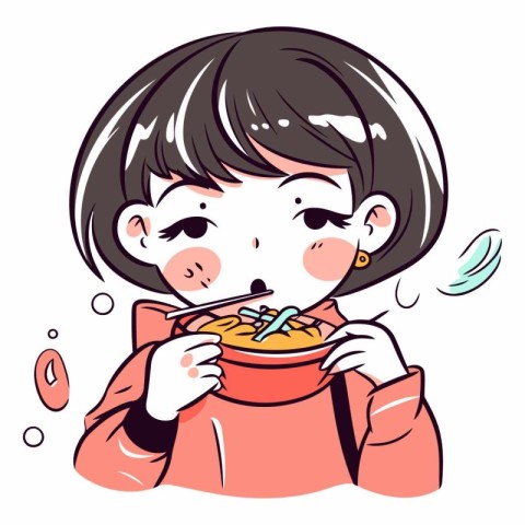 Illustration of a Girl Eating a Bowl of Instant Noodles