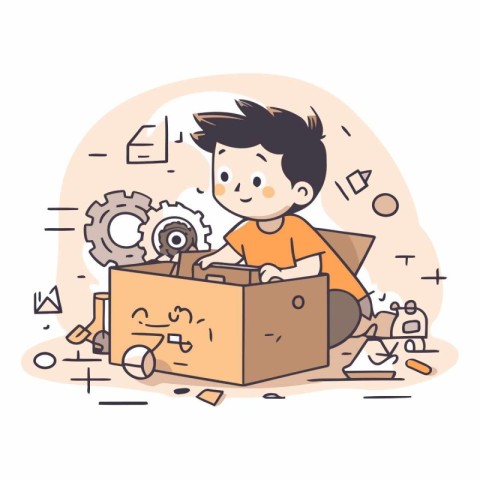 Illustration of a little boy playing with a box full of toys