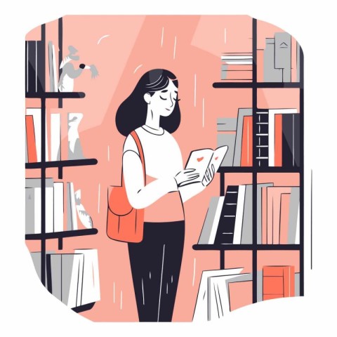 Vector illustration of a young woman reading a book in a library