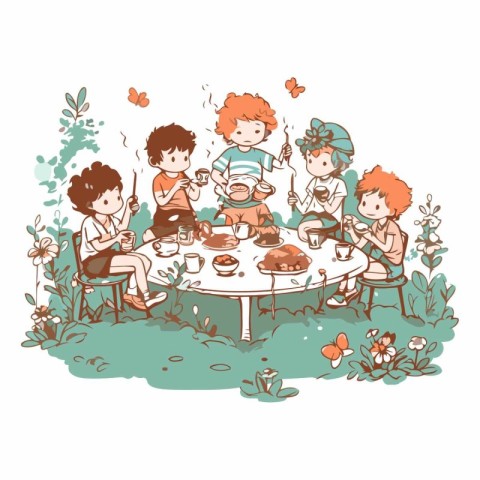 Children eating at the table in the garden on white background.