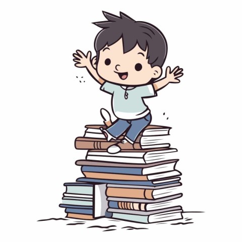 Little boy sitting on a pile of books. Vector cartoon illustrati