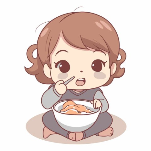 Illustration of a Cute Girl Eating a Bowl of Noodles