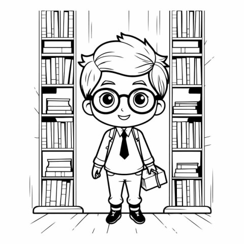 cute little student boy with bookshelf cartoon vector illustrati