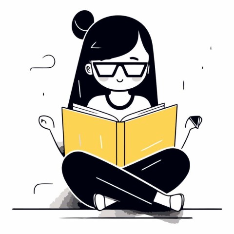 Girl reading a book in flat cartoon style on white background.