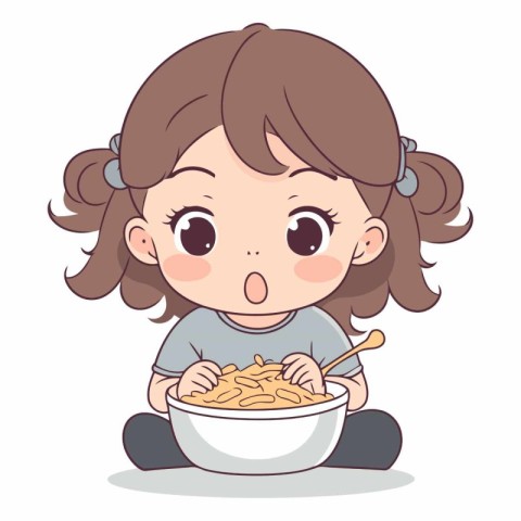 Cute little girl eating a bowl of noodles.