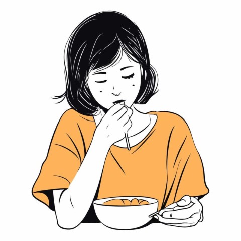 Illustration of a woman eating a bowl of chinese food.