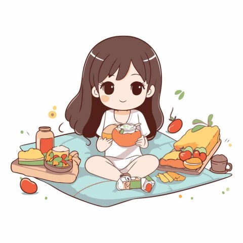 Cute little girl sitting on the floor and eating fruit.