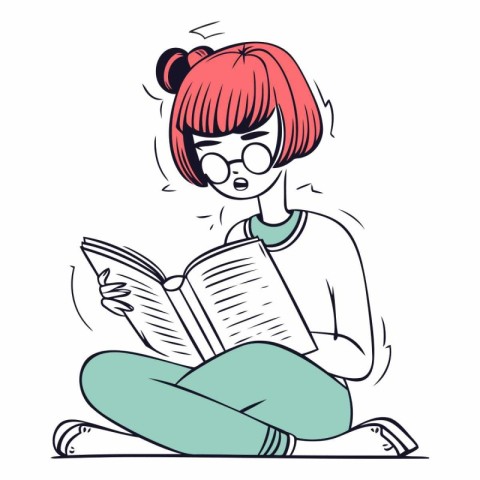 Young woman reading a book in line art style.