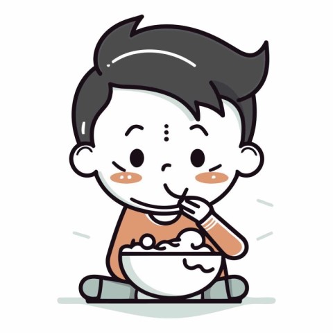 Illustration of a cute boy eating a bowl of cereals.