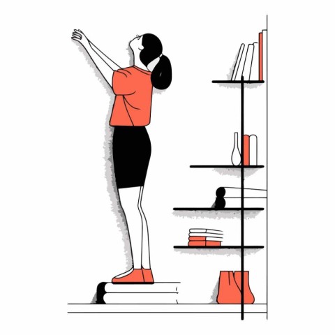 Woman standing on the bookshelf and looking at books