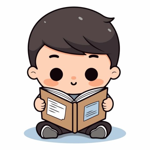 Cute Little Boy Reading Book - Colorful Cartoon Vector Illustrat