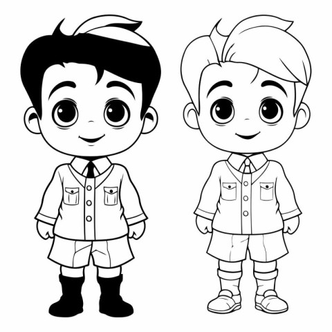 Black and white vector illustration of a cute little boy and gir