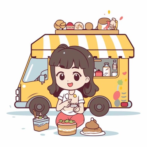 Cute cartoon girl eating ice cream in front of a food truck