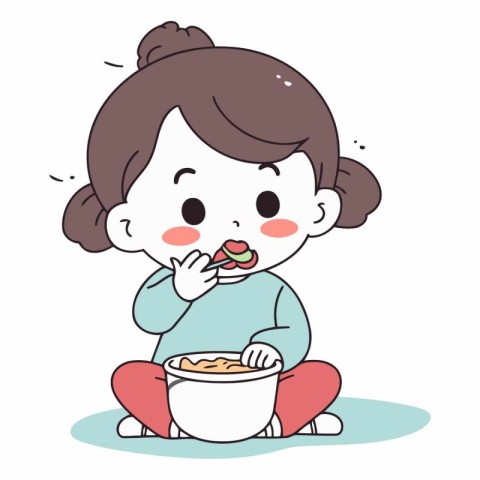 Illustration of a young woman eating a bowl of cereals.