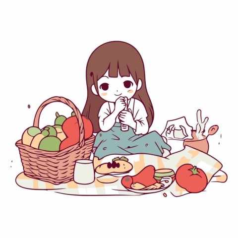 Illustration of a little girl having a picnic with a basket of f