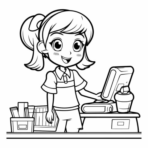 Black and White Cartoon Illustration of Teenage Girl Using Compu