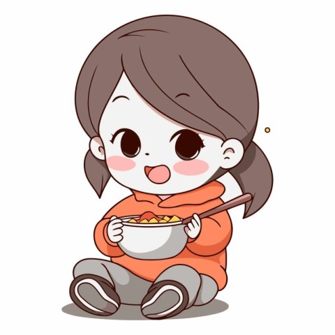 Illustration of a Cute Girl Eating a Bowl of Cornflakes