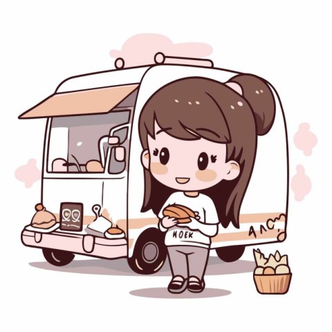 Cute little girl eating ice cream in truck.